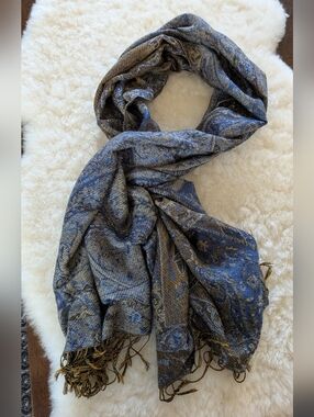 pashmina Blue and Gold Paisley Wrap Scarf